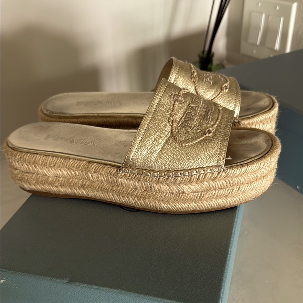 Prada Gold leather Platform Slide Sandals 37.5